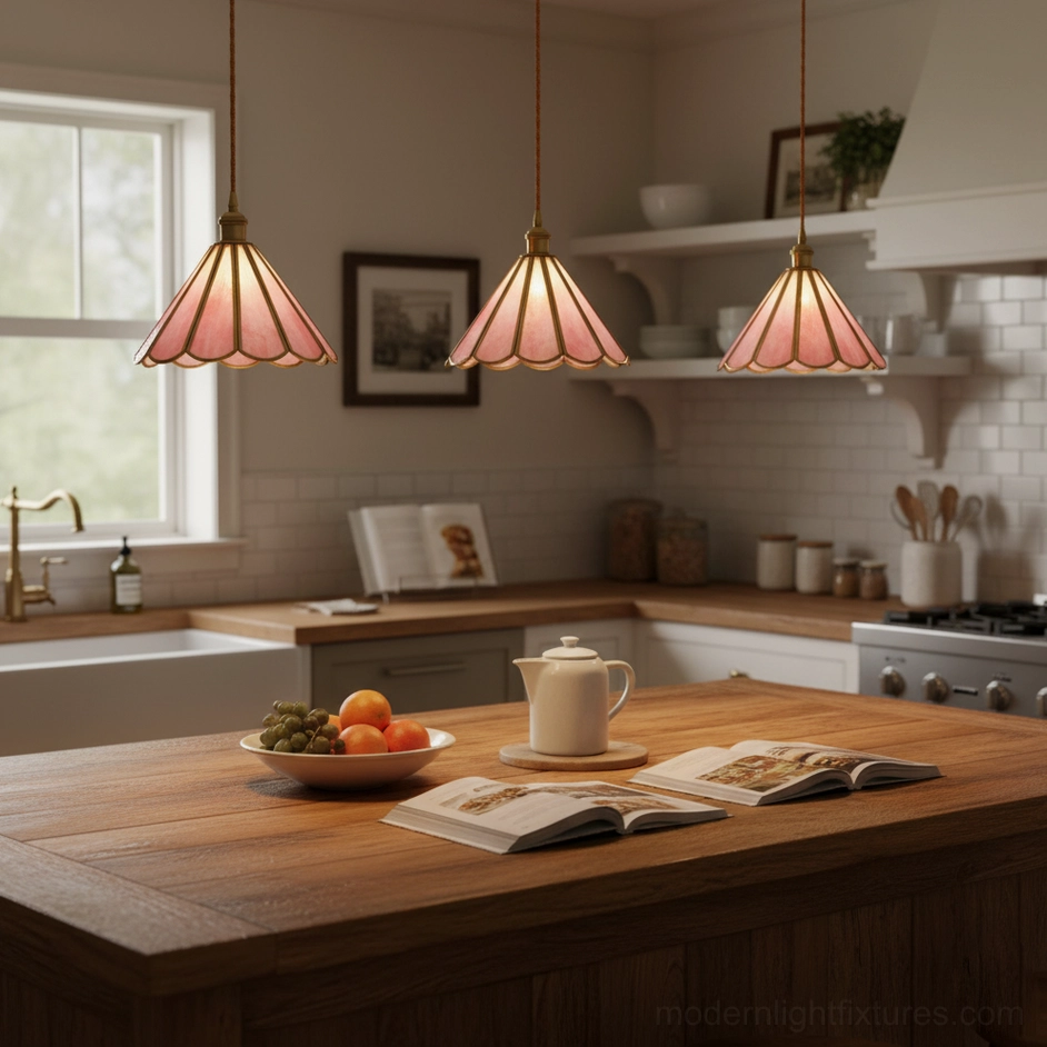Maki scalloped pink glass pendant lights in farmhouse style kitchen with warm ambient lighting