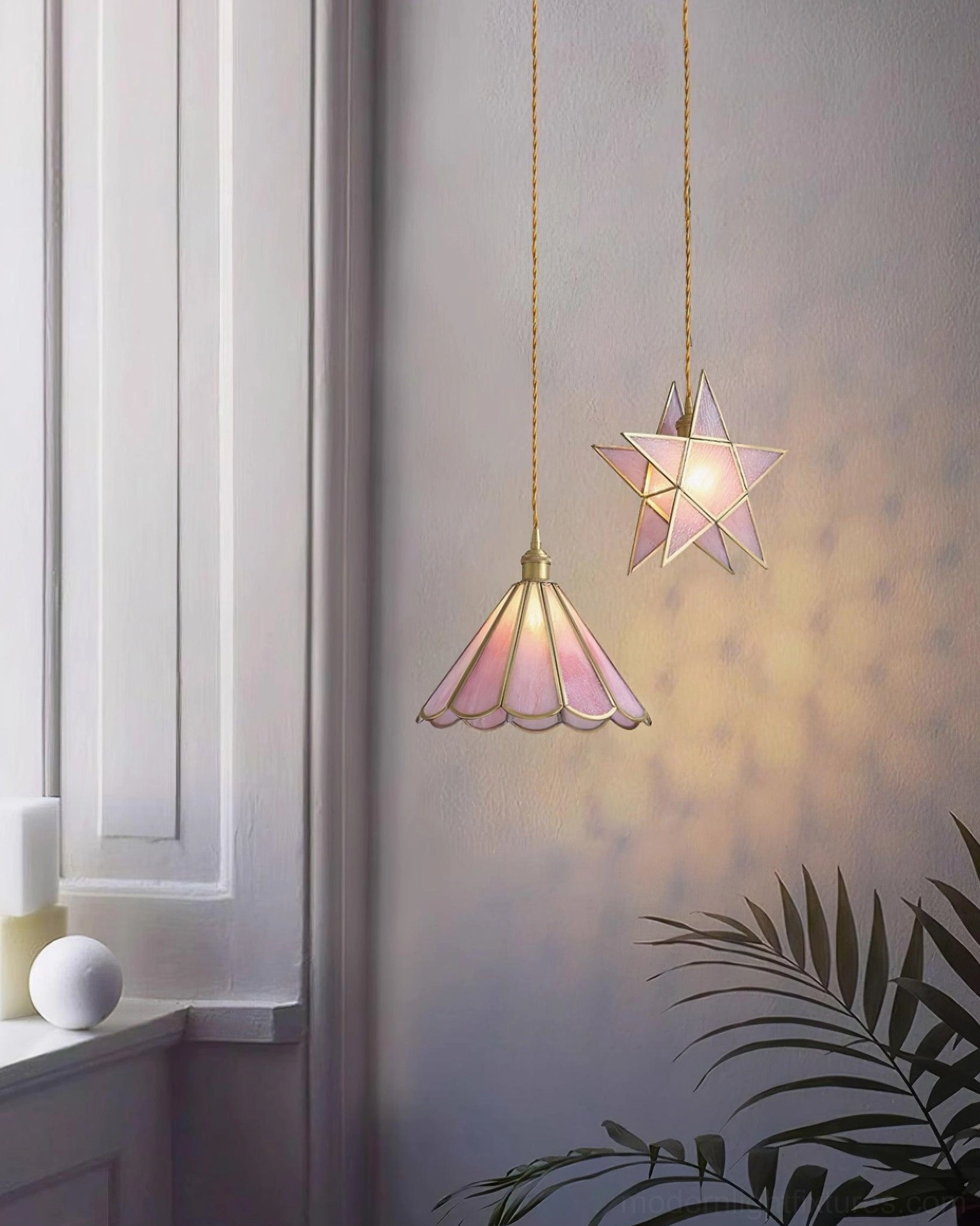 Maki pink glass pendant light Model C with star shape and brass accents