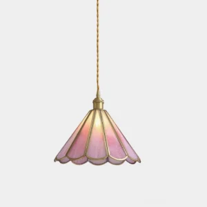 Maki vintage scalloped glass pendant light with pink stained glass and brass trim, studio frontal view