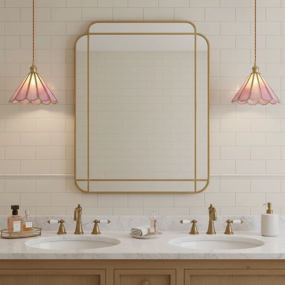 Maki scalloped pink glass pendant light in luxury bathroom vanity with double sink, retro minimalist style