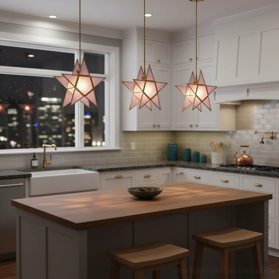 Maki star-shaped pink glass pendant lights over kitchen island, mid-century modern luxury kitchen