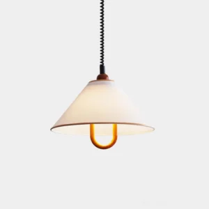 Makoto modern pendant light with off-white linen shade and warm wooden U-shaped handle, studio front view