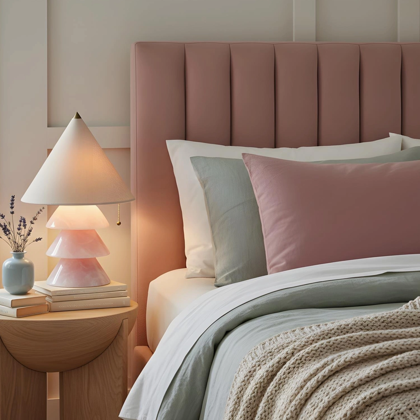 Blush pink tiered stone table lamp with warm beige fabric shade, bedroom with pink tufted headboard
