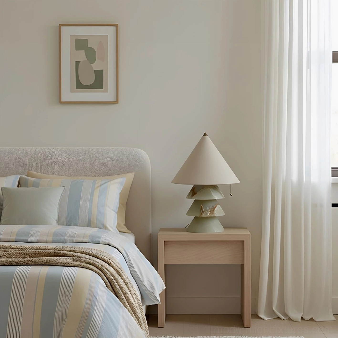 Sculptural three-tier bedside lamp in calming pastel bedroom, contemporary design with stone base