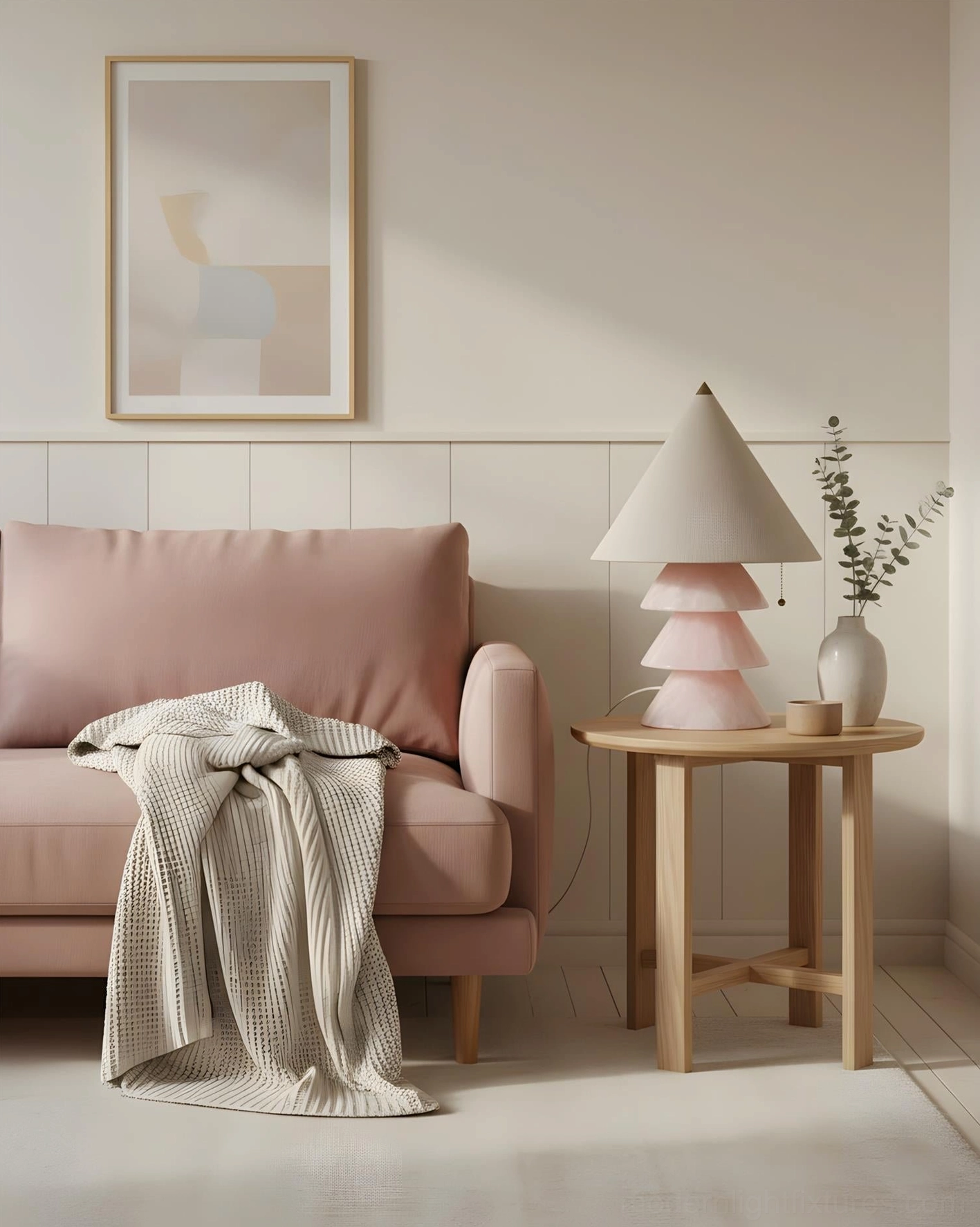 Pink tiered stone table lamp with off-white conical shade, minimalist seating lounge frontal view