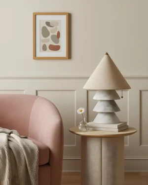 Three-tier stone table lamp with beige fabric shade in cozy bedroom setting, three-quarter angle shot