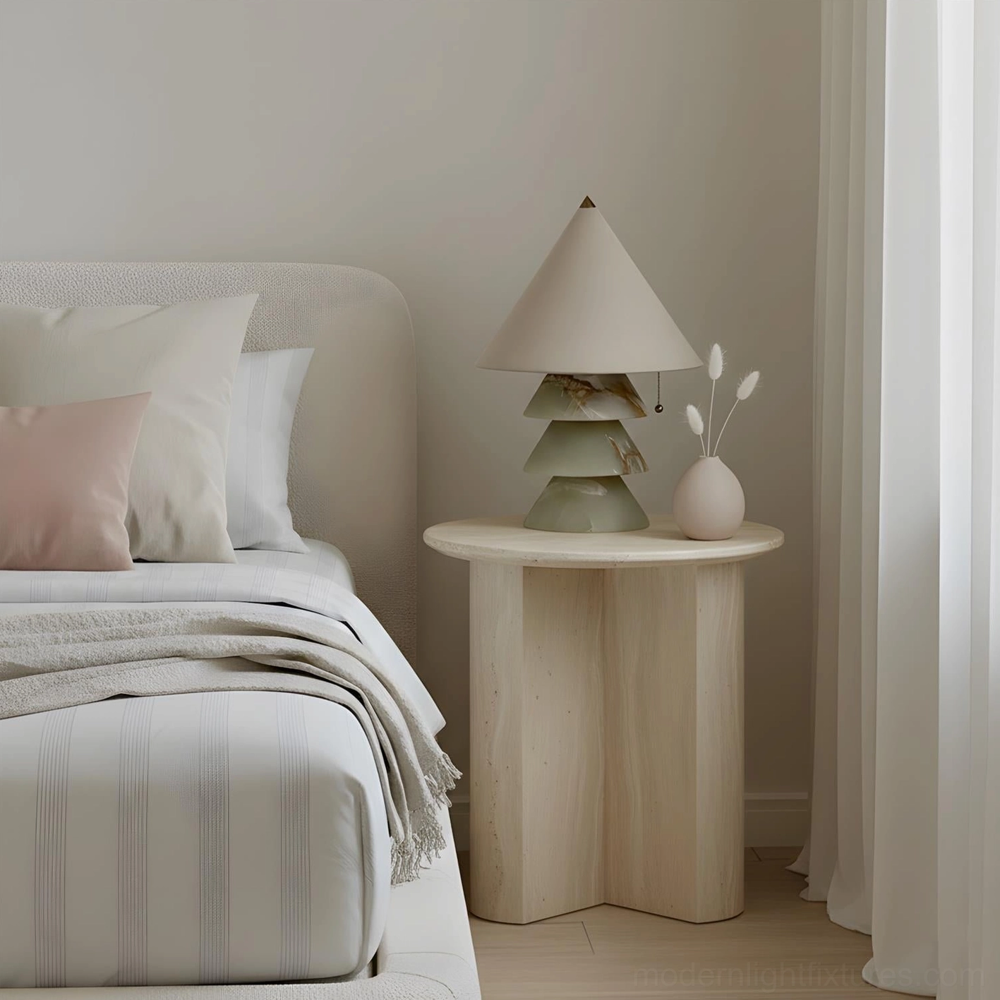 Modern tiered bedside table lamp with greenish stone base and light beige conical shade, eye-level view