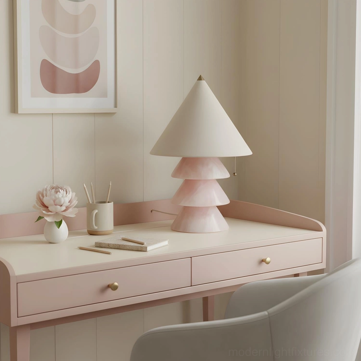 Three-tier modern table lamp proportions and silhouette in styled interior setting ambiance