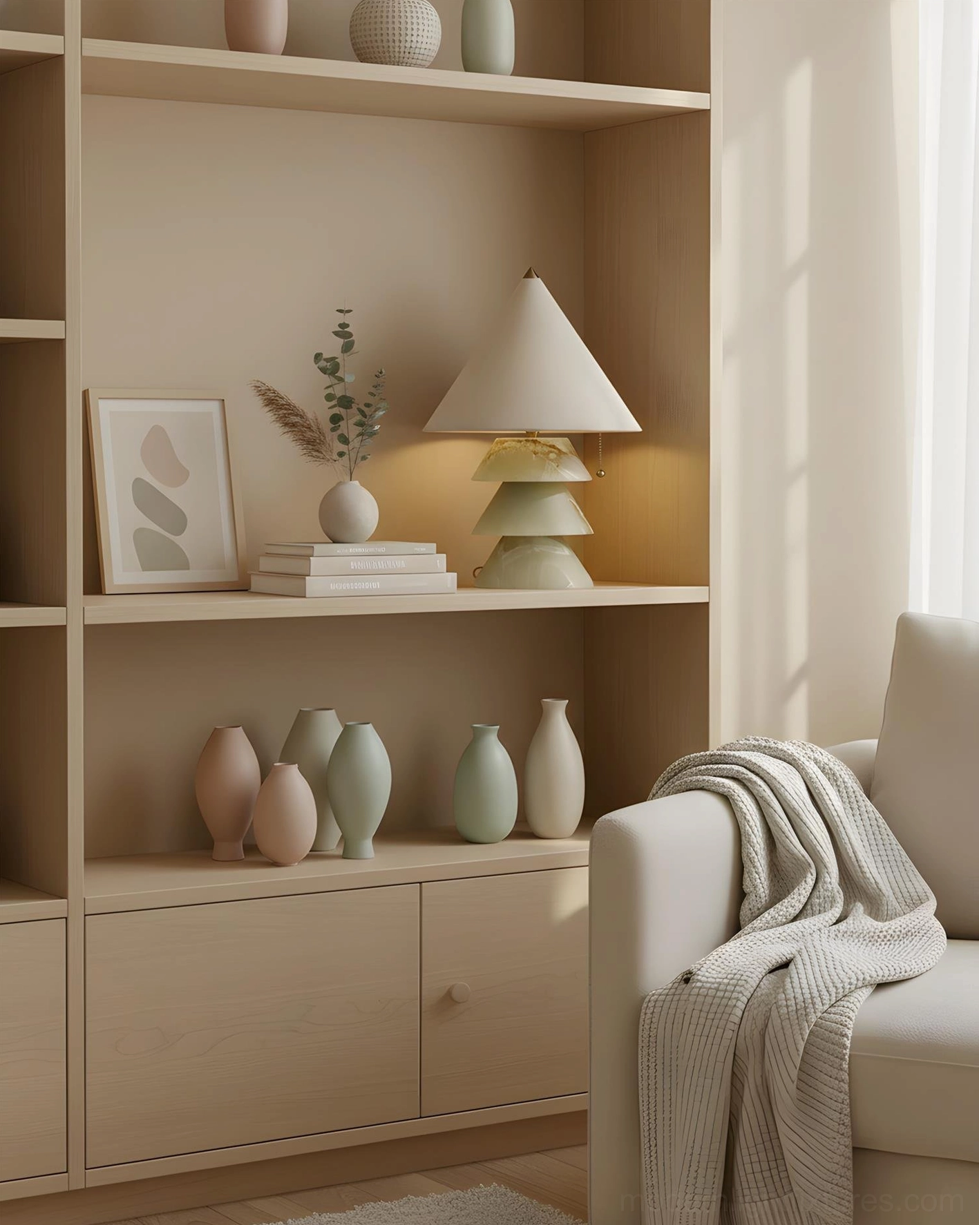 Mallow table lamp detail shot showcasing sculptural three-tier stone base and fabric shade texture