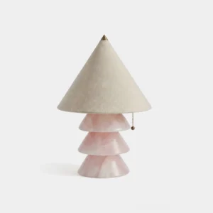 Mallow tiered table lamp with off-white fabric shade and stone base, frontal studio view on white background