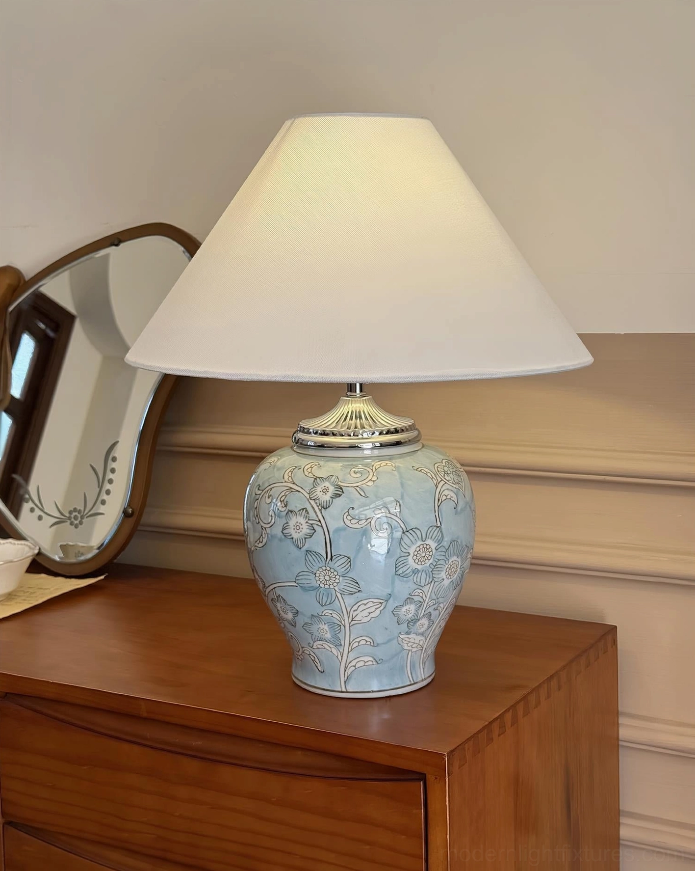 Hand-glazed mandarin ceramic table lamp in cobalt blue with traditional Asian floral patterns, complete lighting fixture showing proportions and artistic ceramic craftsmanship detail