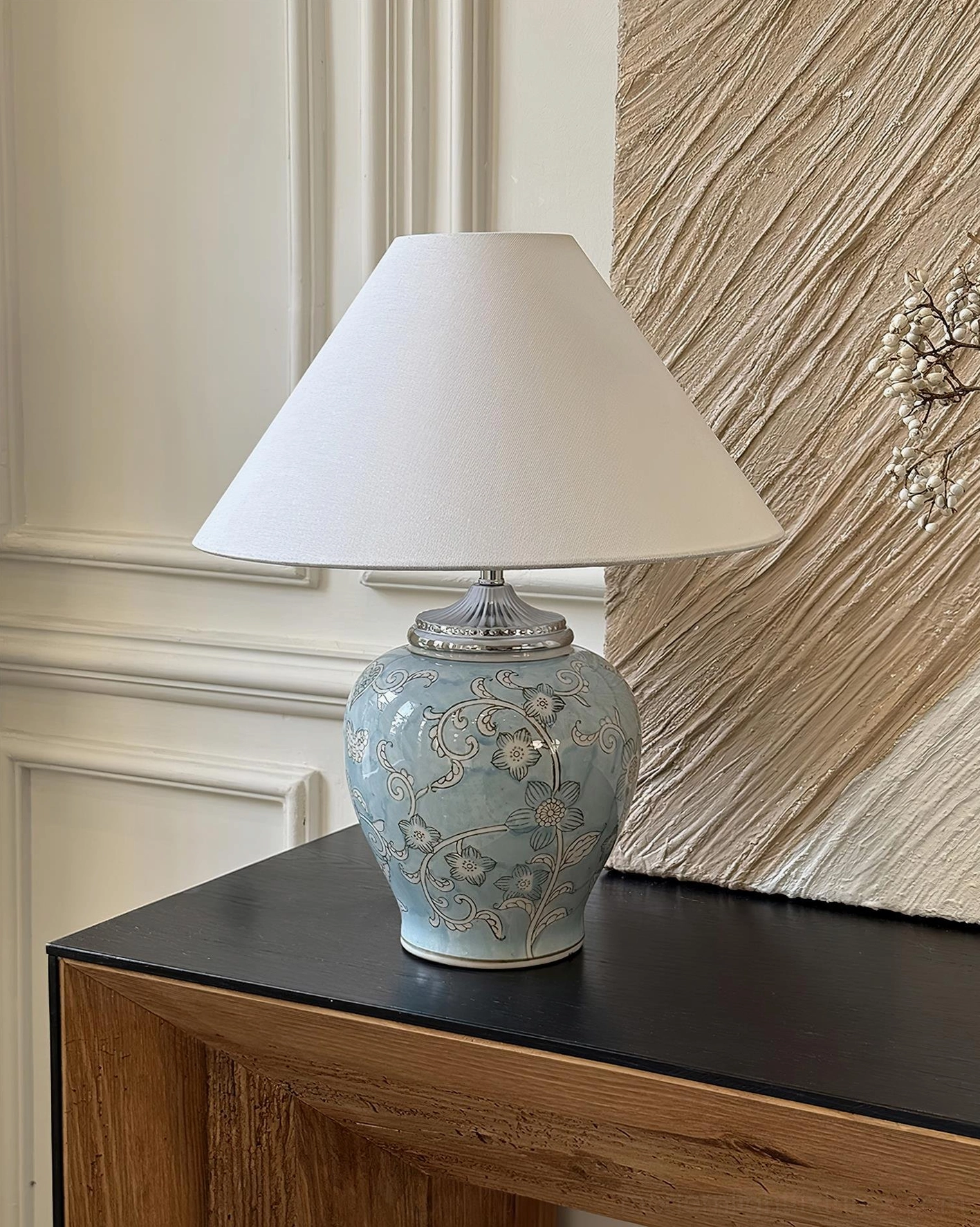Artistic close-up detail of mandarin ceramic table lamp showing hand-glazed finish, intricate painted floral medallions, and high-quality ceramic artisanship and glaze work