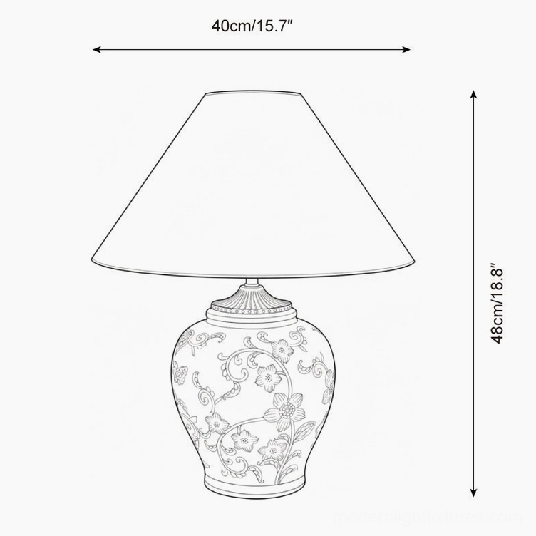 Mandarin ceramic table lamp technical dimension drawing showing orthographic front view with measurements 40cm wide by 48cm tall, ginger jar base and tapered shade proportions