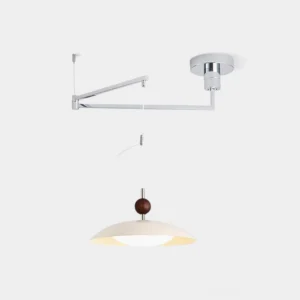 Manta swing arm pendant light with chrome metal frame and sculptural wooden bead detail, front overhead view on white background