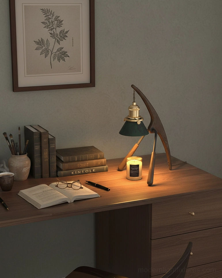 Sculptural mantis table lamp home office wooden desk, books, stationery, botanical wall art ambient lighting