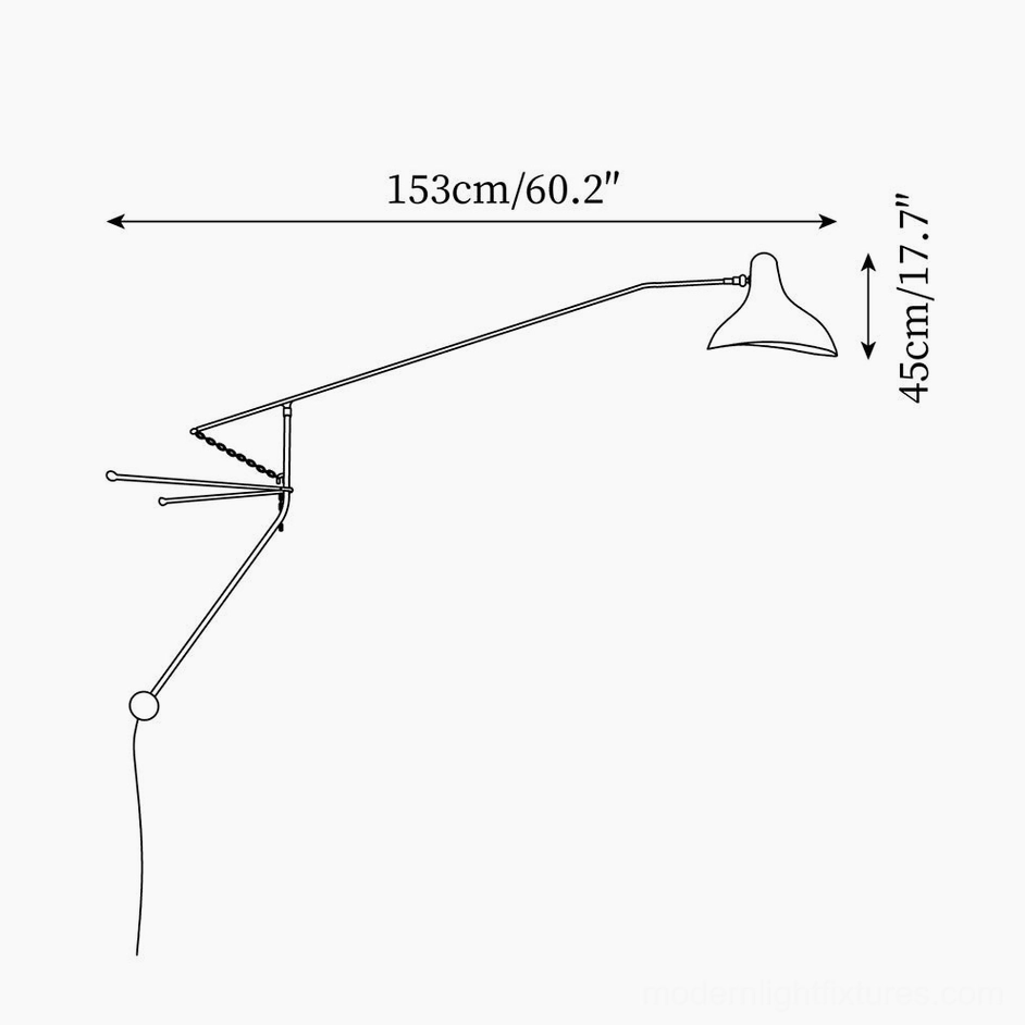 Swing arm wall lamp technical schematic with dimension specifications