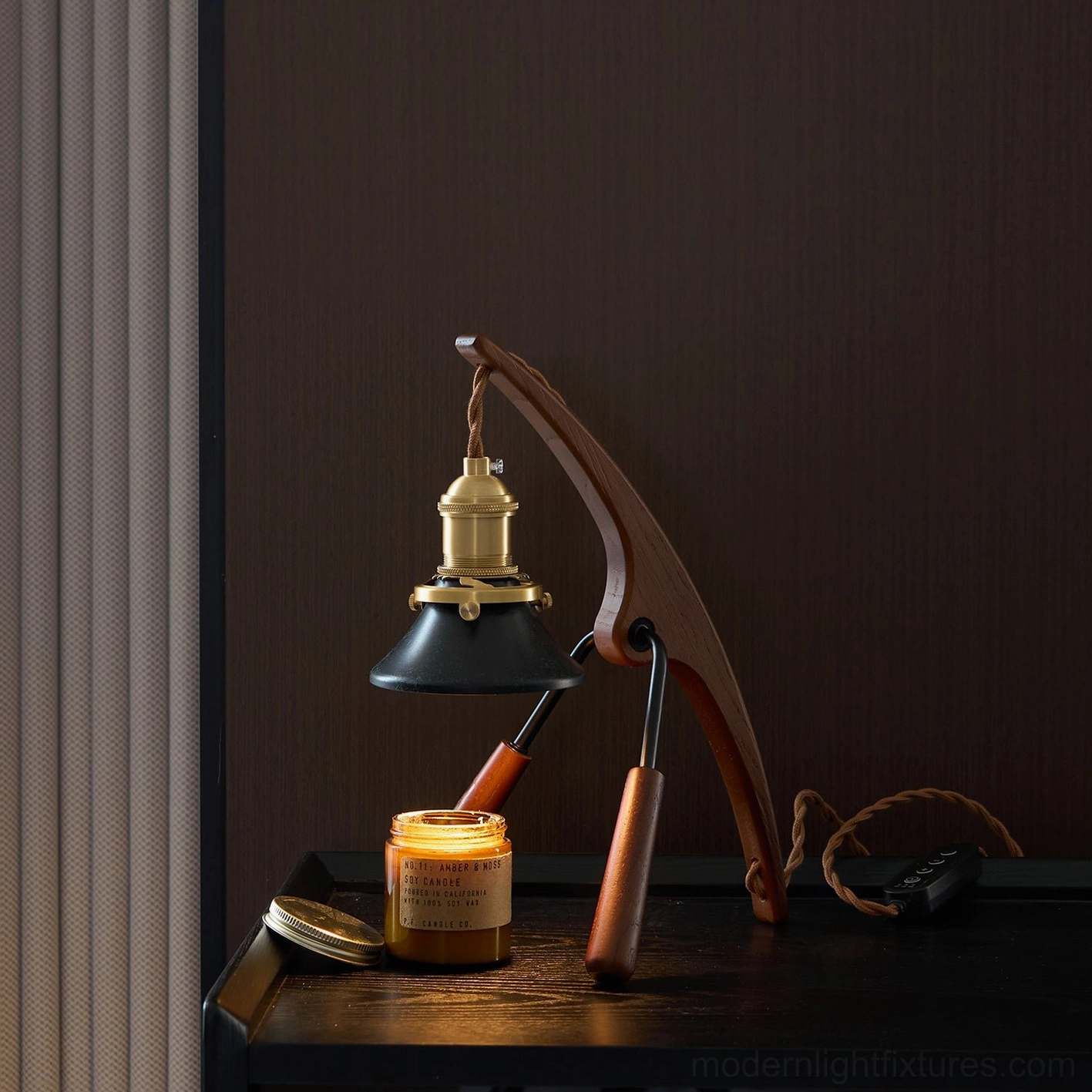 Praying mantis warmer lamp retro design, black walnut and brass, artistic home lighting fixture