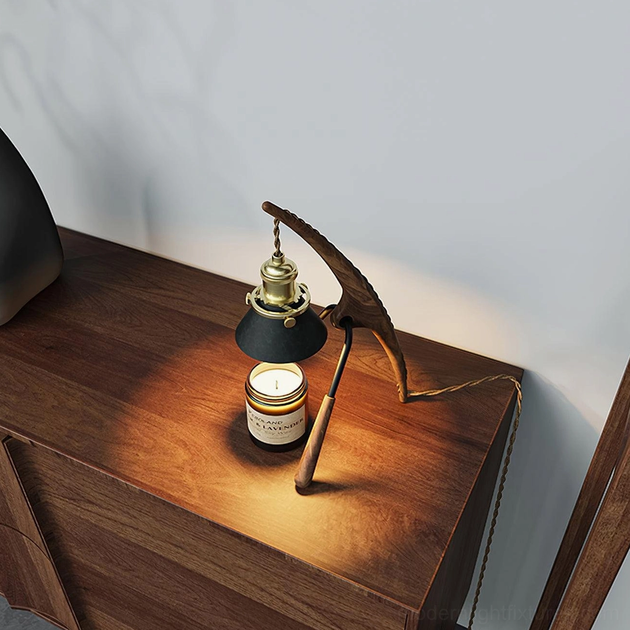 Praying mantis sculptural warmer lamp, premium black walnut with brass socket, GU10 halogen compatible