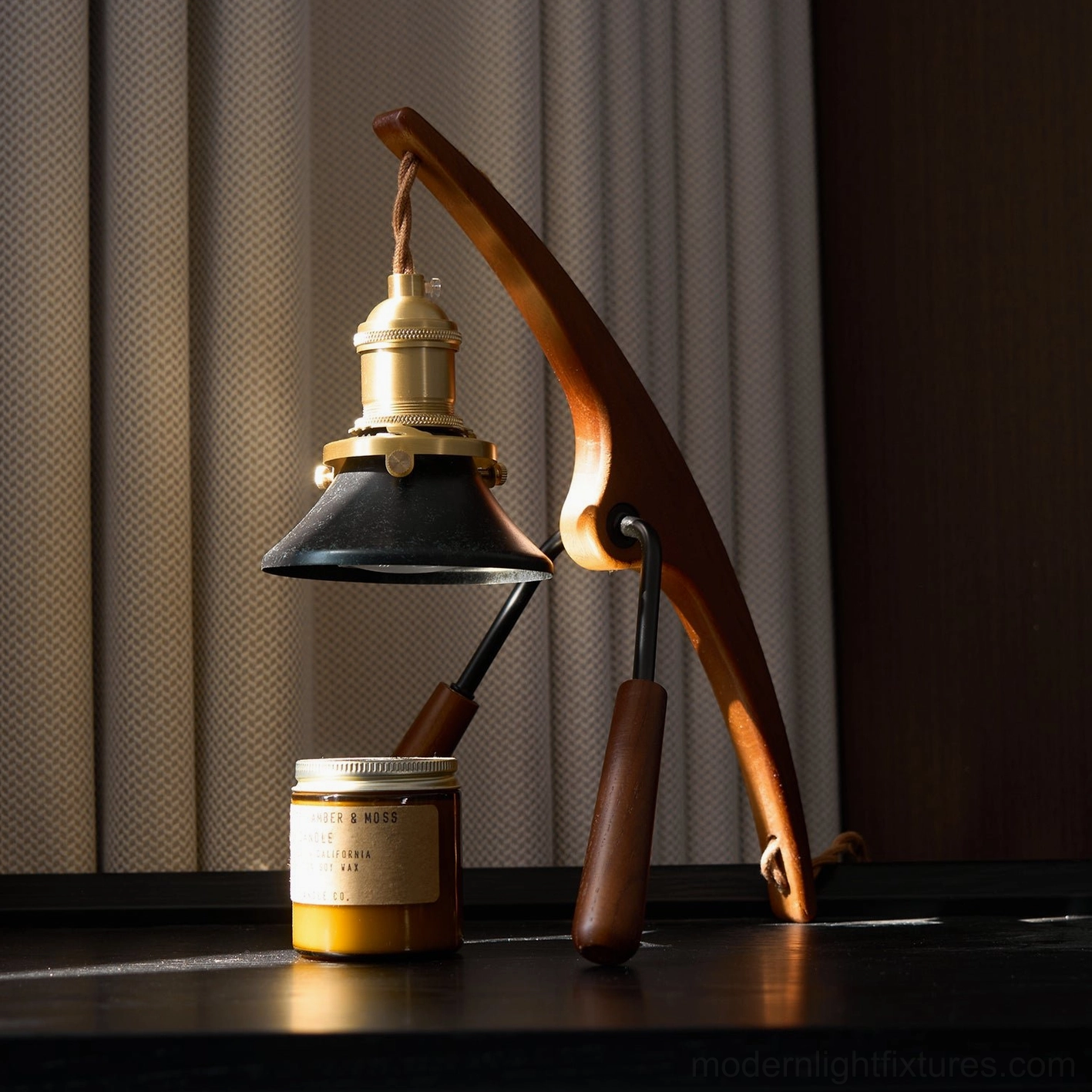 Praying mantis warmer lamp wood grain detail, brass socket accents, sculptural home decor accent