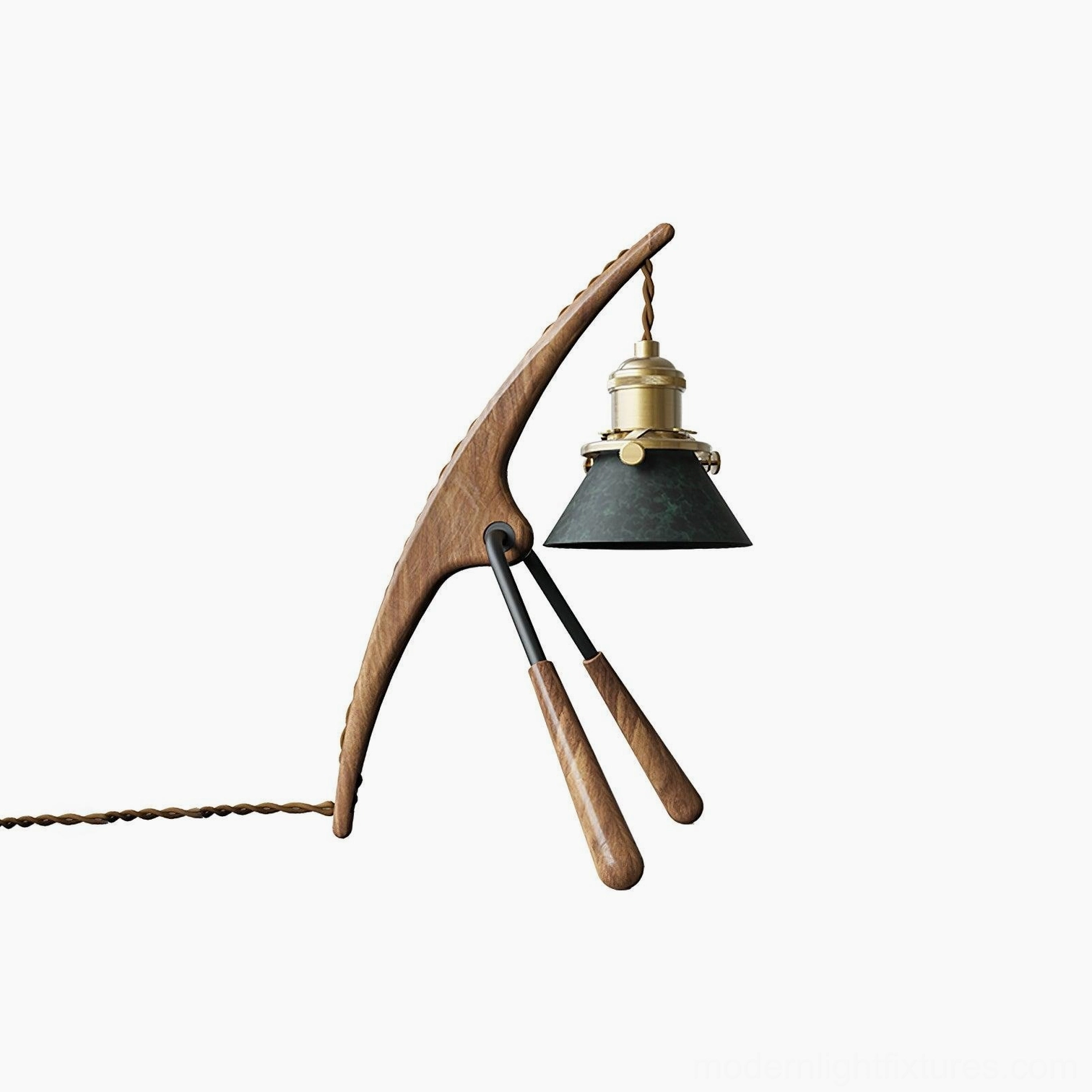 Mantis form wax warmer lamp, natural wood tones, brass accents, warm ambient home lighting