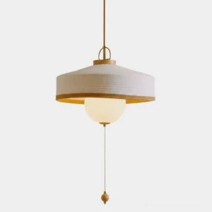 Mantle fabric pendant lamp with layered shade, warm studio lighting showcase