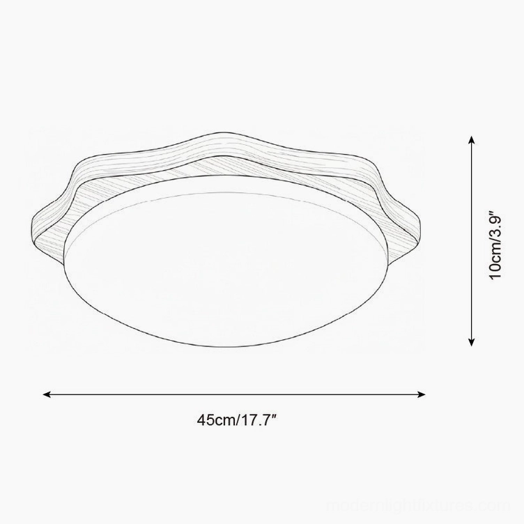 Wavy maple wood ceiling light technical drawing with 45cm diameter and 10cm height specifications