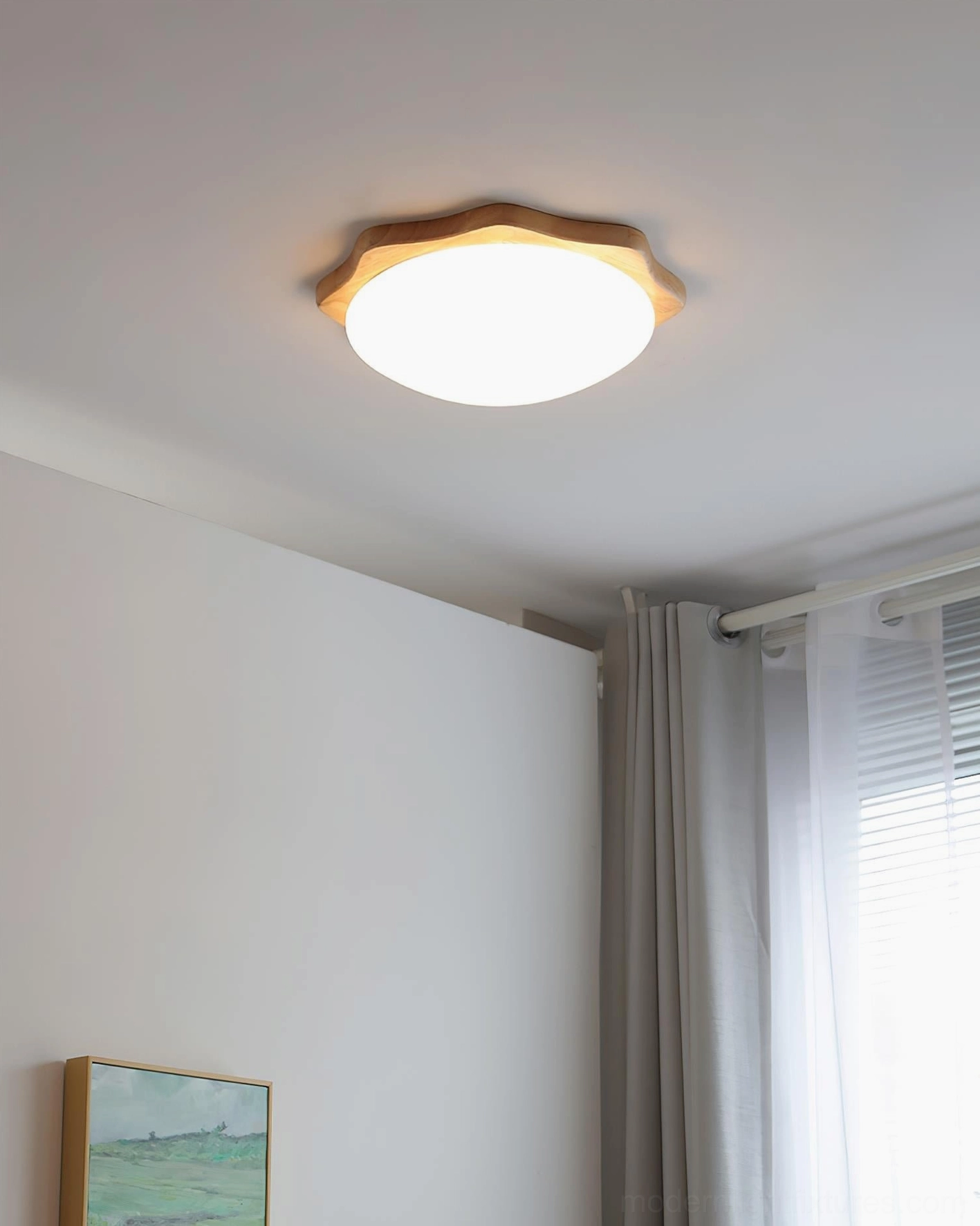 Wavy maple wood ceiling light hardwired installation showing professional electrical connection and mounting hardware