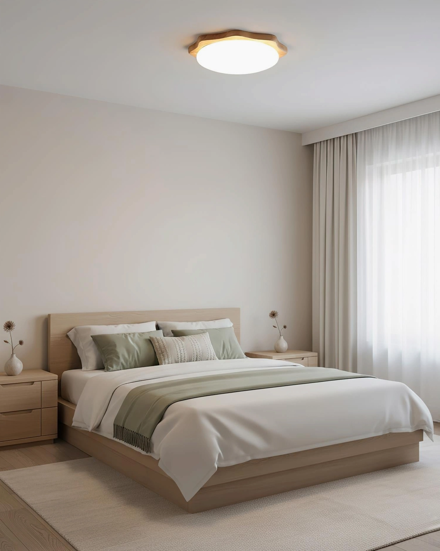 Wavy maple wood flush mount ceiling light profile showing acrylic diffuser and slim mounting design
