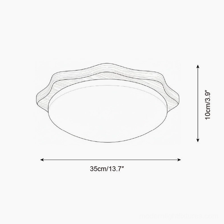 Wavy maple wood ceiling light technical specification drawing showing 35cm diameter and 10cm height dimensions