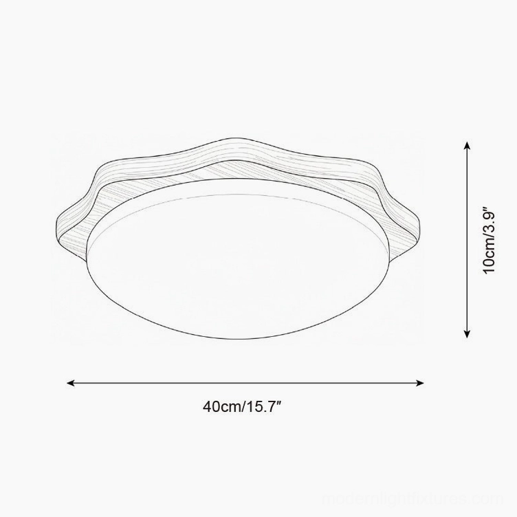 Wavy maple wood ceiling light orthographic drawing specifications showing 40cm diameter and 10cm height measurements