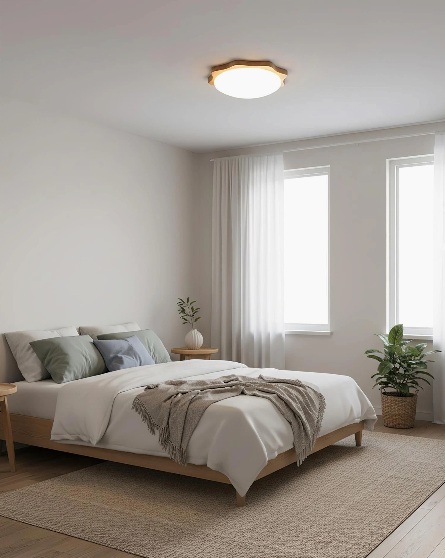 Wavy maple wood ceiling fixture in modern master bedroom interior with warm light wood décor matching bedroom aesthetic