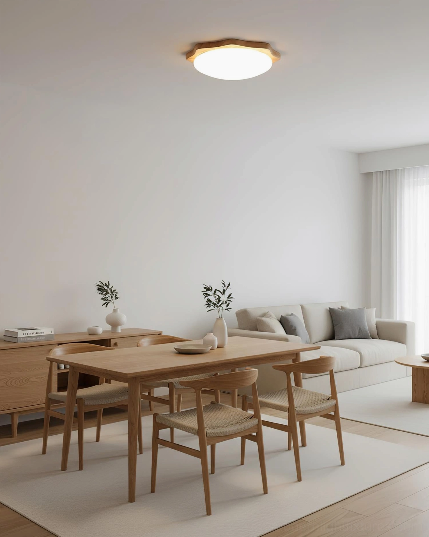 Wavy maple wood ceiling light fixture available in two color options natural wood and white finish with white diffuser