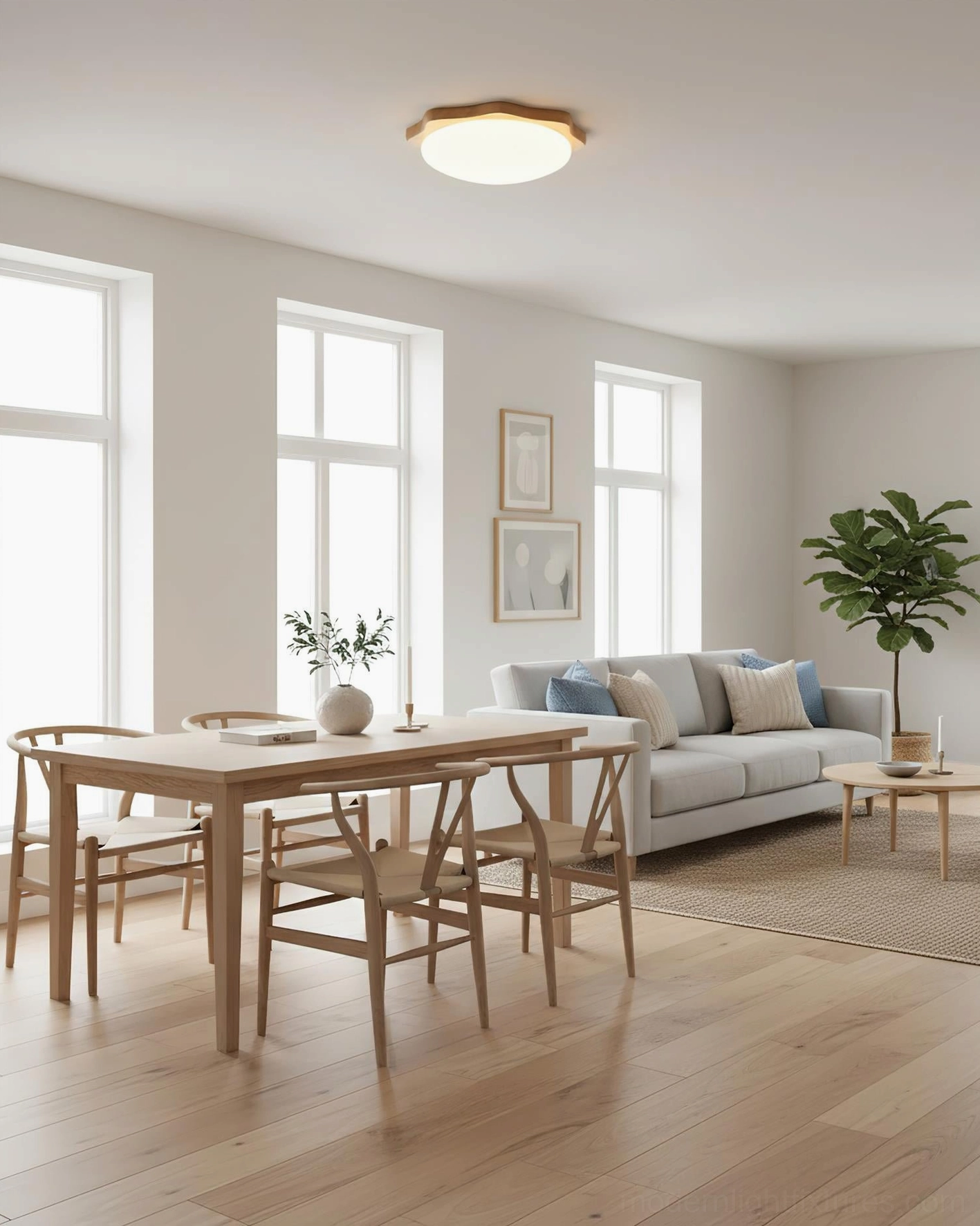 Wavy maple ceiling fixture in open-concept dining and living room matching light wood furniture and décor