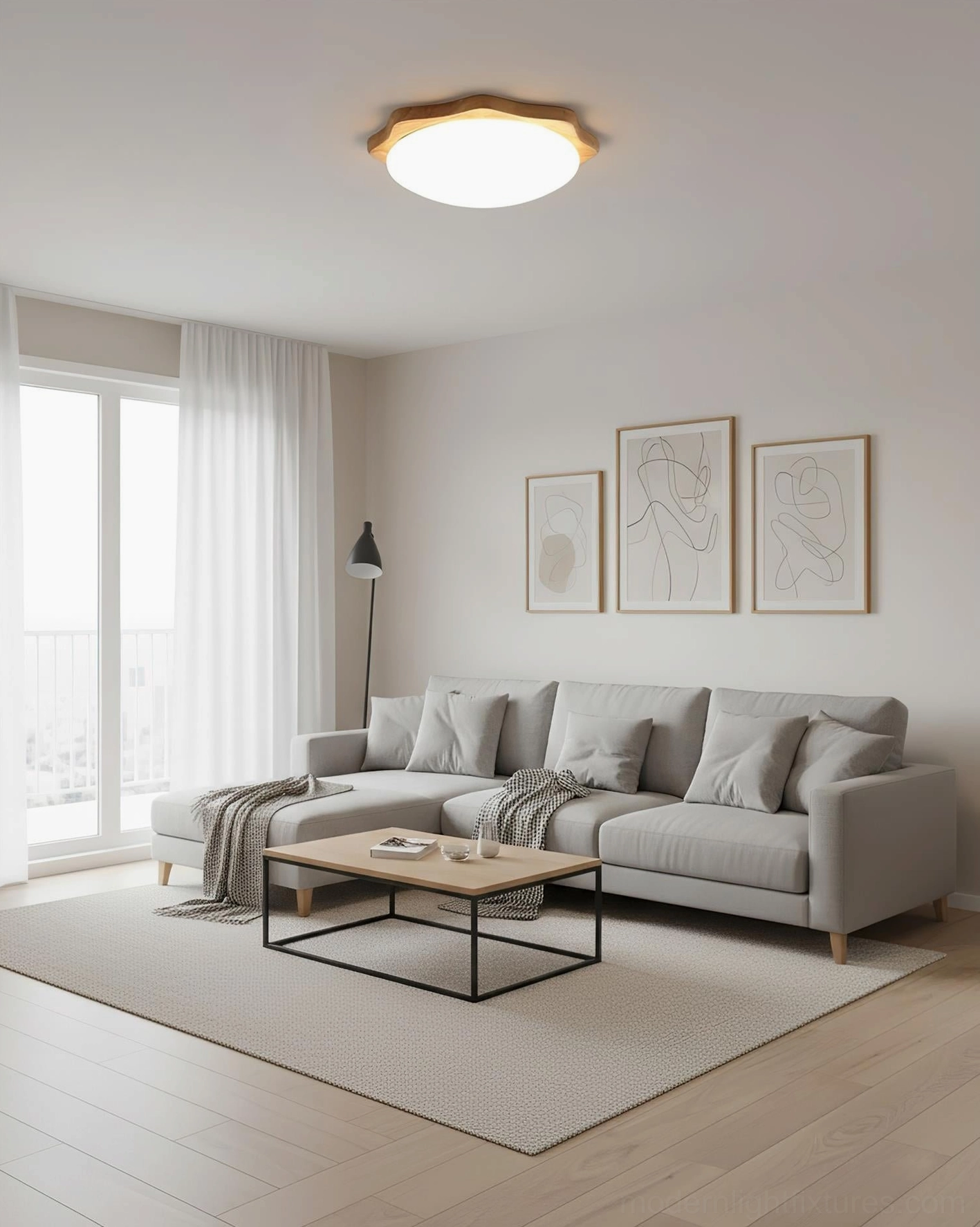 Natural maple wood ceiling light with white acrylic panel showing diffused warm white 3000K LED illumination