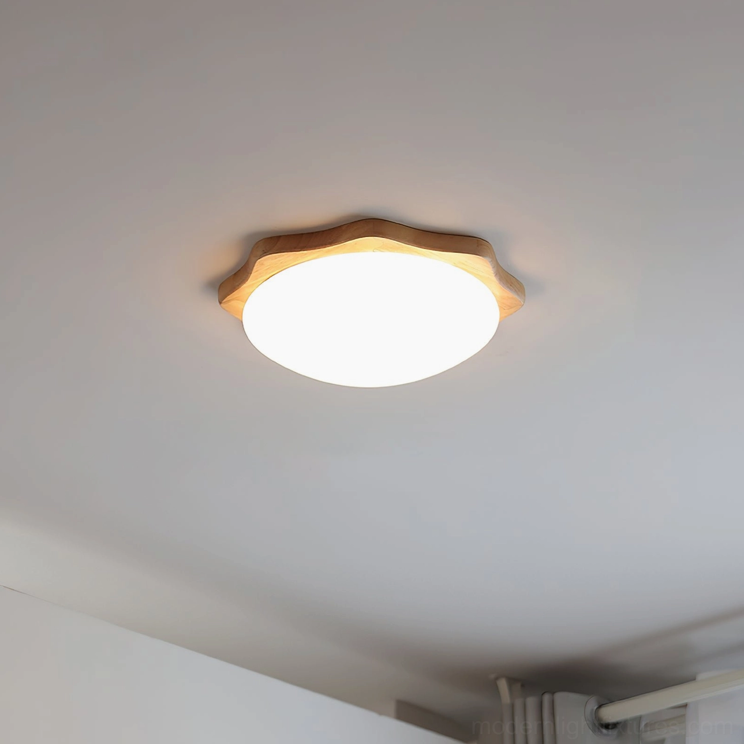 Natural maple wood ceiling fixture with integrated LED showing 50000 hour lifespan warm white 3000K specification