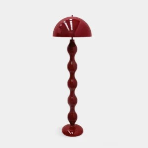 Mara sculptural floor lamp with glossy burgundy gourd-shaped metal frame and mushroom-inspired design, front view on white studio background