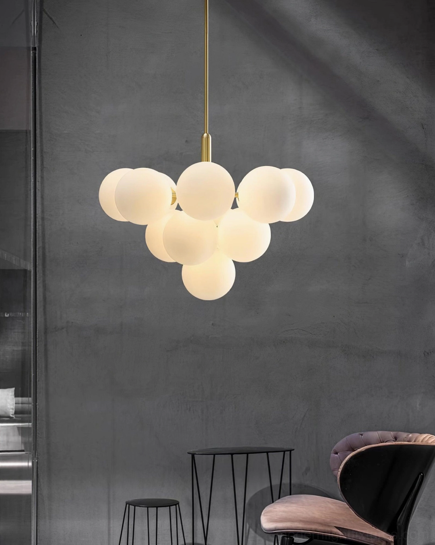 Glass bubble chandelier hanging view brass suspension rod adjustment feature
