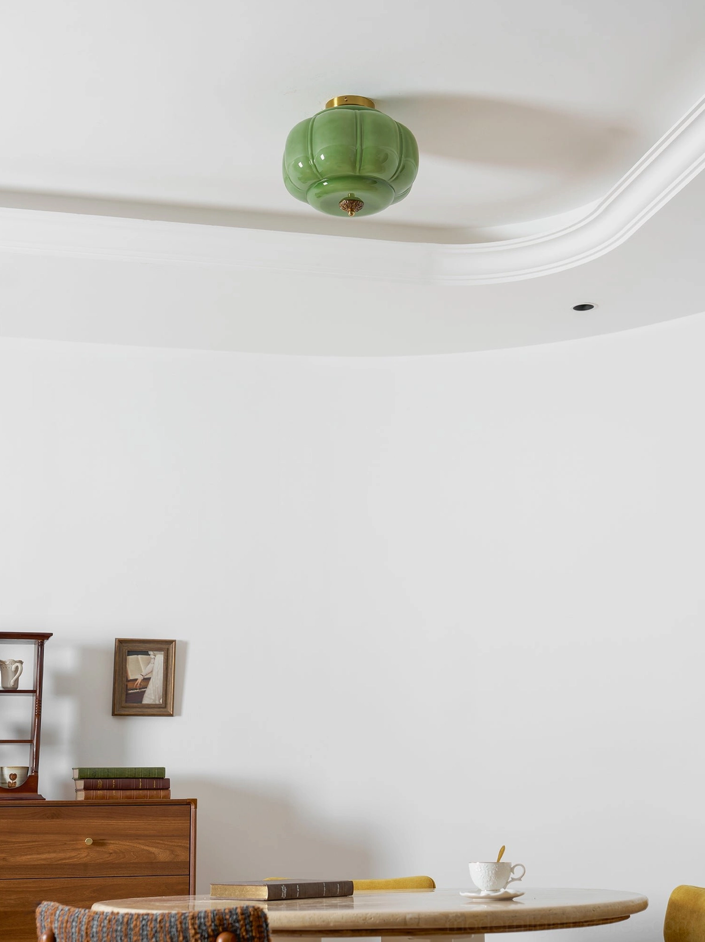 Maravine glass ceiling fixture in contemporary home office, dimmable modern pendant providing warm task and ambient lighting