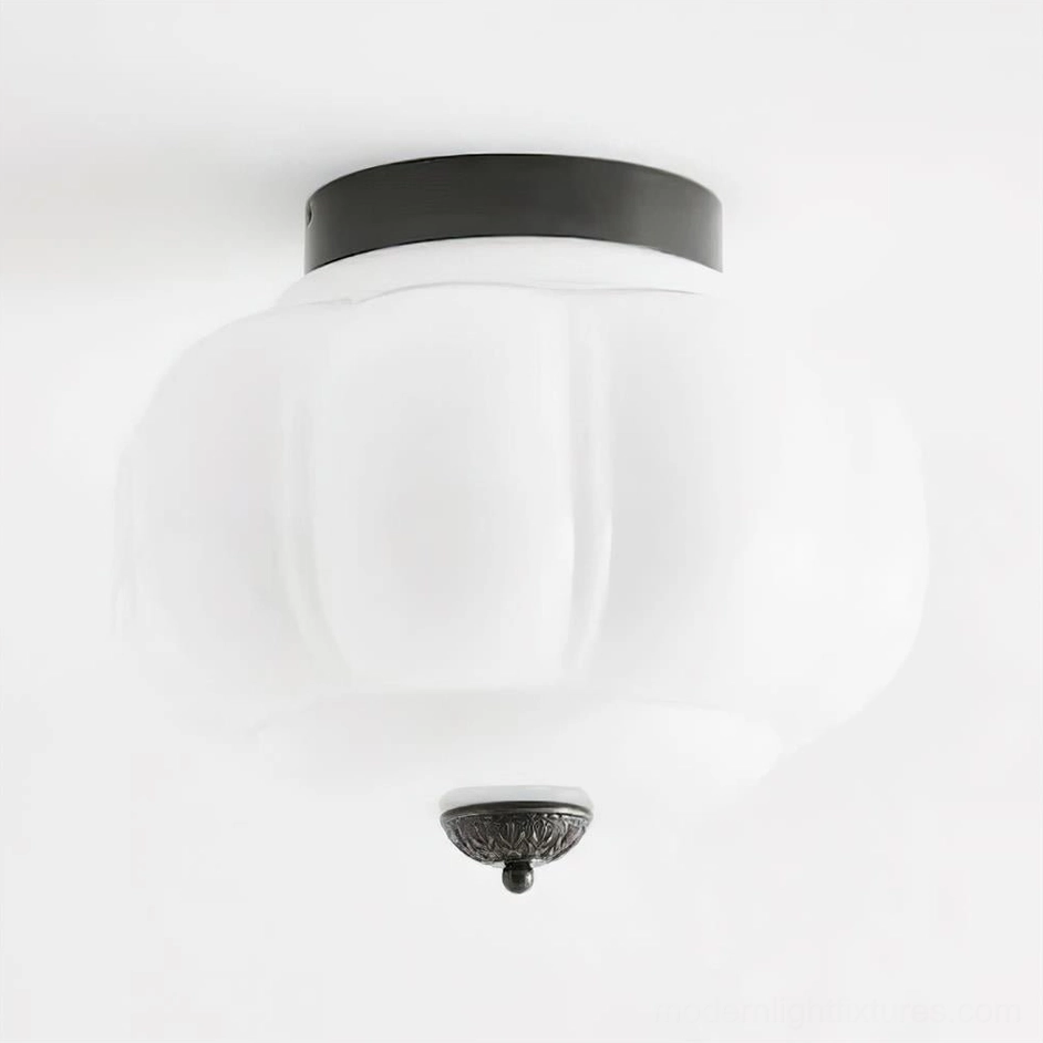 Maravine glass ceiling lamp studio closeup with brass canopy detail, 14.9 inch diameter sculptural fixture