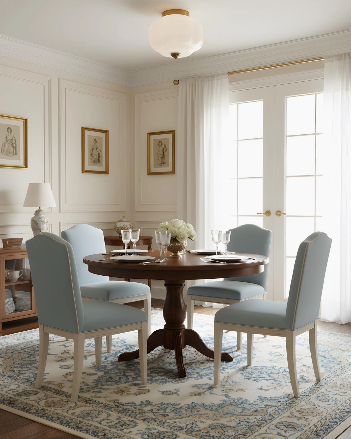 Maravine handcrafted glass ceiling light in dining room with formal seating, sculptural shade catching ambient light