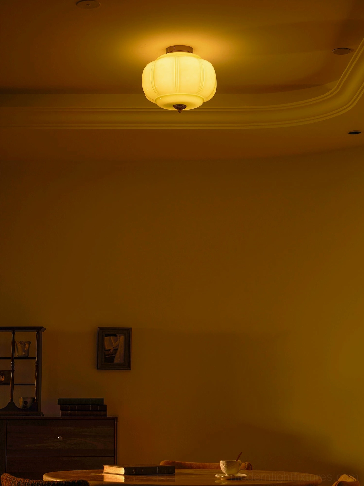 Maravine handcrafted glass ceiling fixture in hallway, compact 5 sqm coverage warm welcome lighting