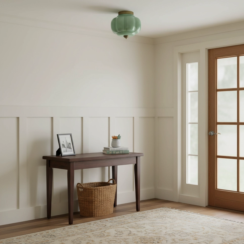 Maravine modern ceiling lamp in minimalist hallway with white paneling, handcrafted glass provides warm ambient light