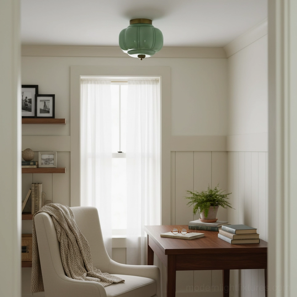 Maravine glass ceiling lamp mounted in bright neutral room, demonstrating 38cm diameter sculptural design and light diffusion