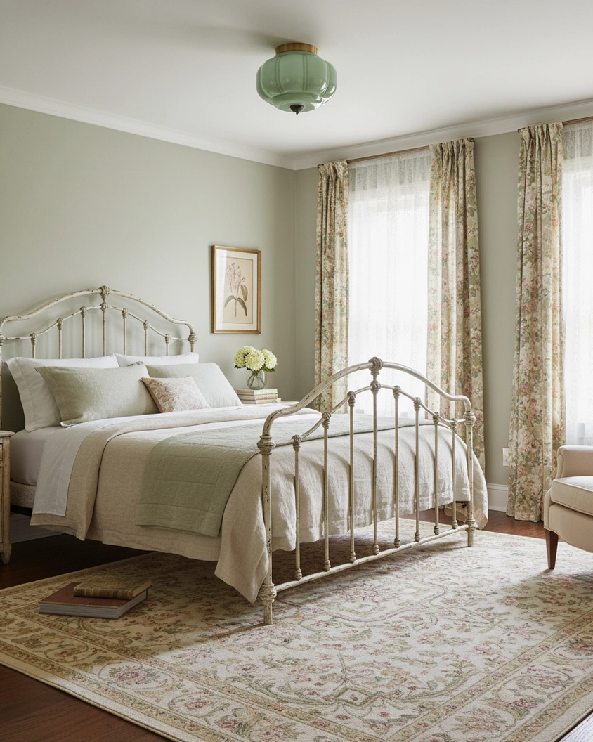 Maravine glass ceiling lamp with jade-green glass in farmhouse bedroom, warm brass accents complement natural interior design