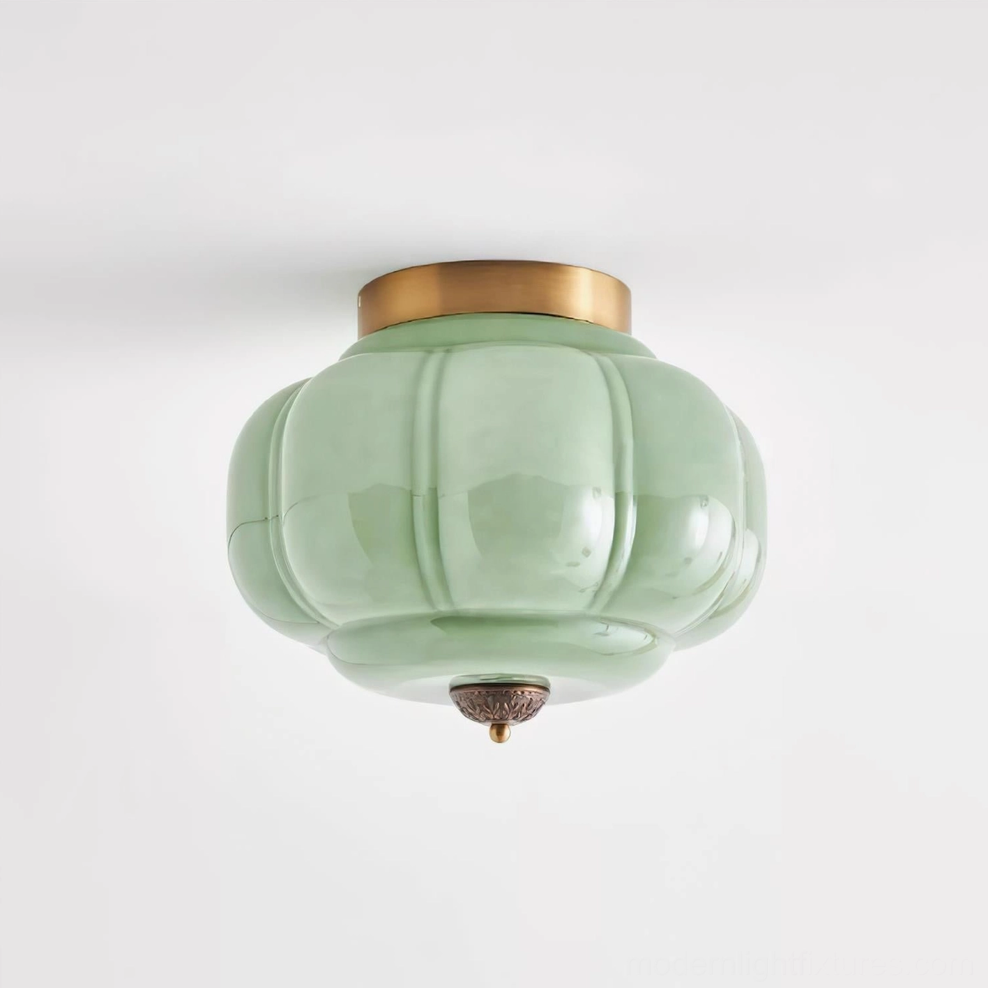 Maravine handcrafted glass ceiling lamp signature green glass with warm brass metal, luxury mid-century modern design