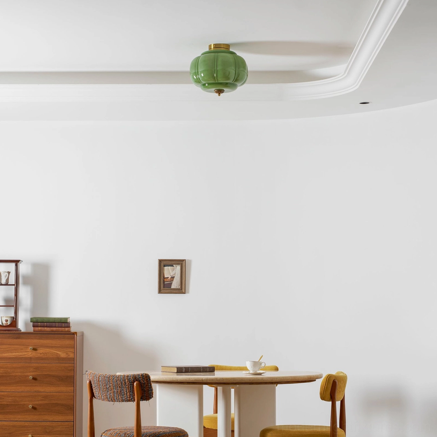 Maravine glass ceiling lamp with black metal canopy, white glass shade in minimalist contemporary bedroom interior