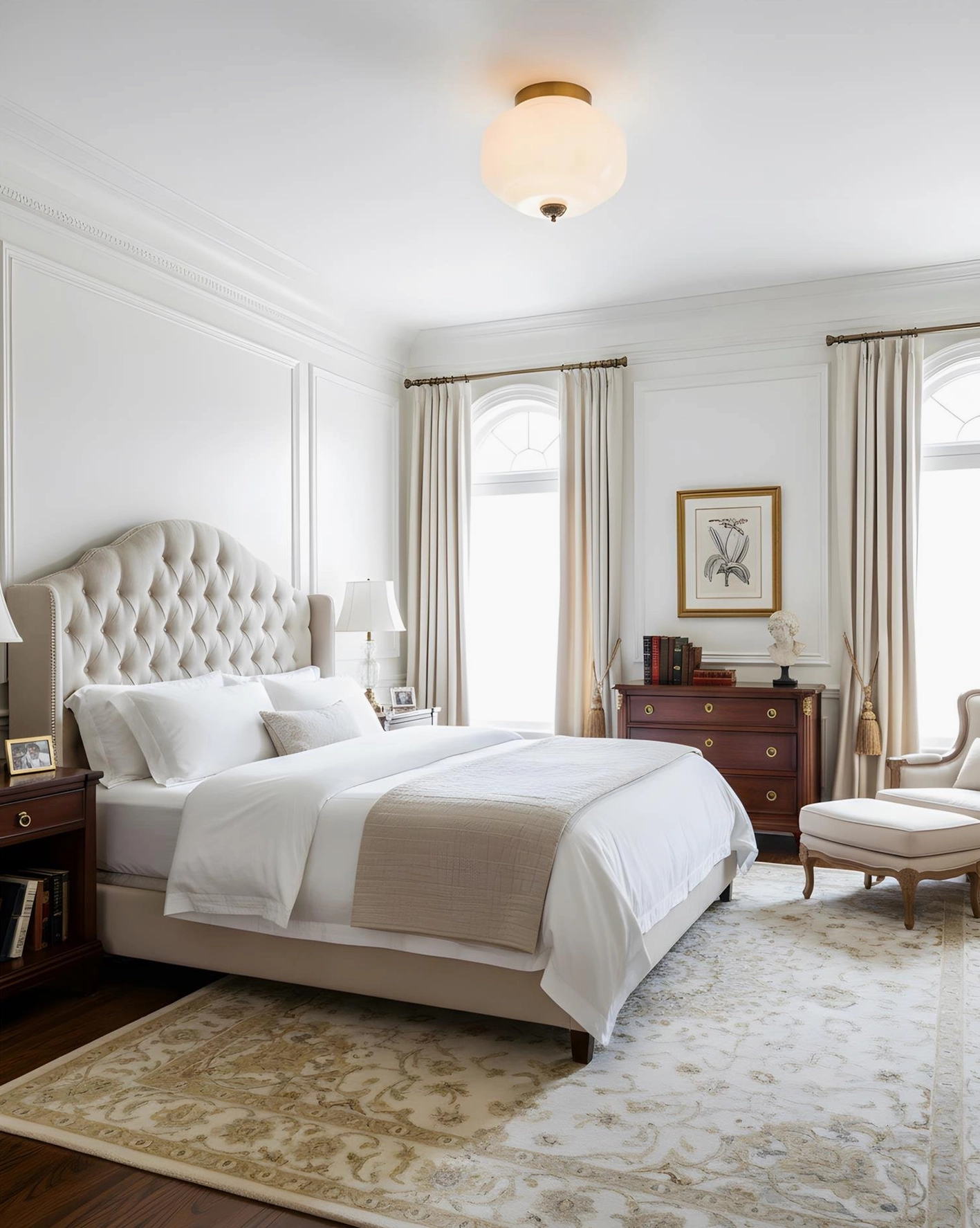 Maravine glass ceiling fixture with white opal glass and brass canopy in traditional bedroom, warm filtered glow