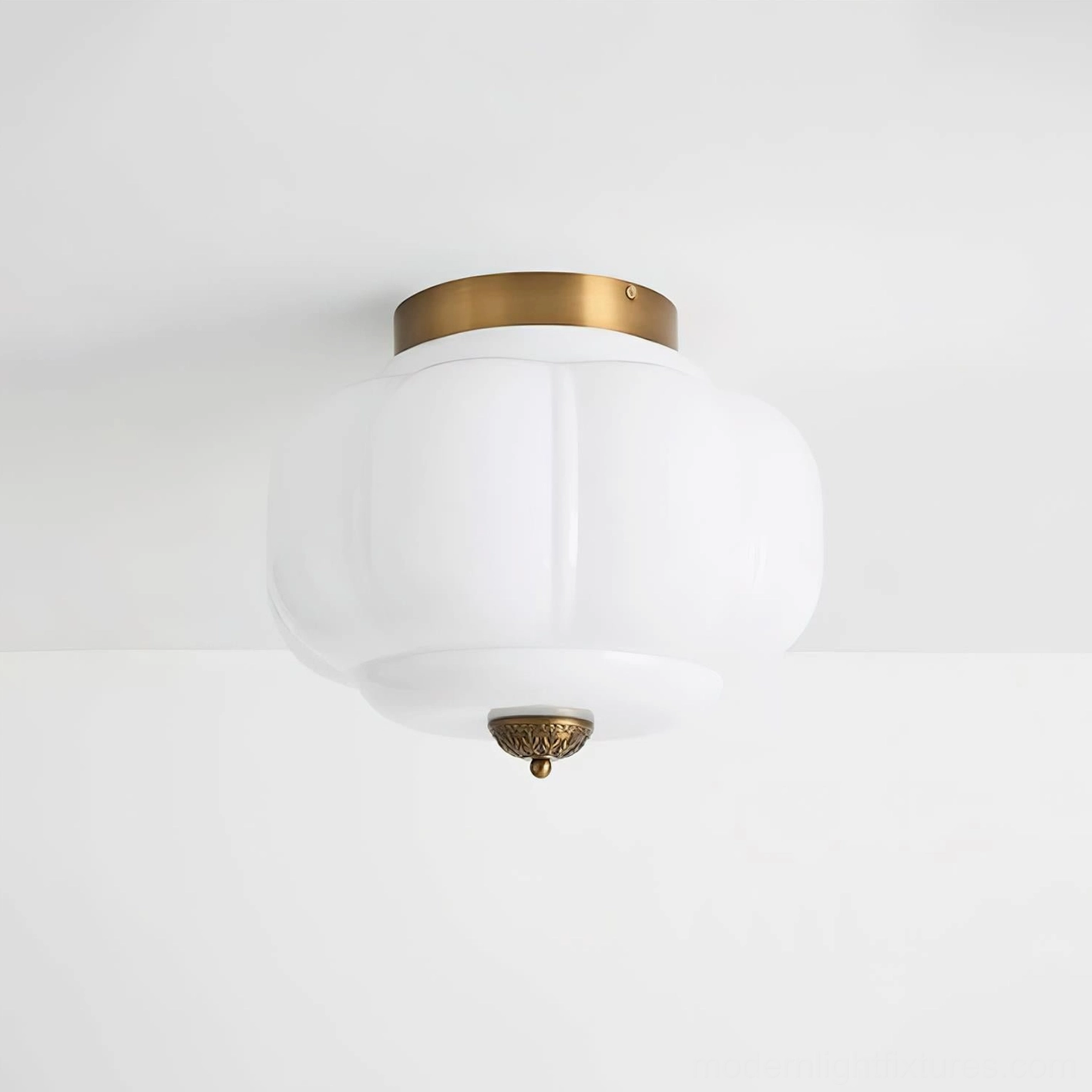 Maravine glass ceiling lamp gold brass finish with white opal glass, classic timeless handcrafted lighting fixture