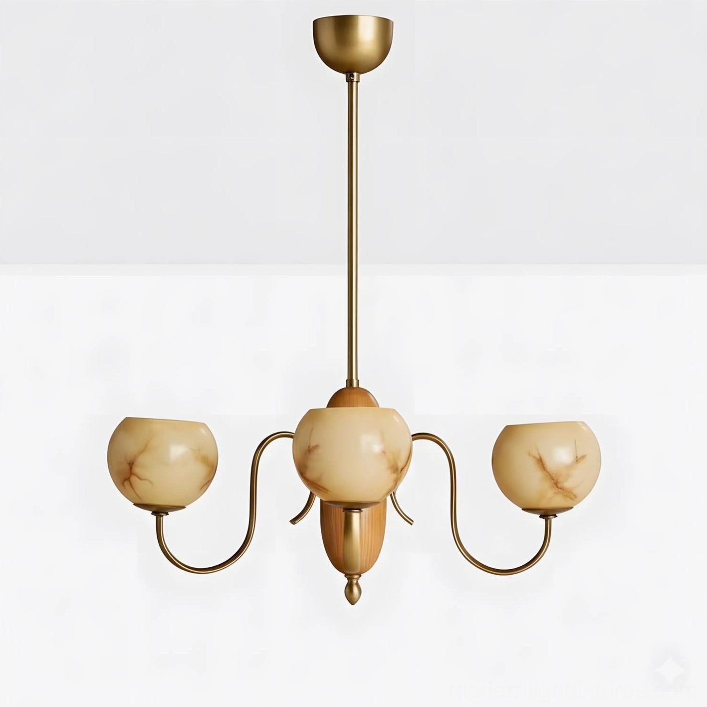Marmor Bloom 3-light marble glass chandelier with brass curved arms and wooden central component studio shot