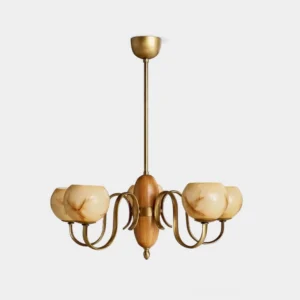 Marmor Bloom 5-light marble glass chandelier with brass frame and wooden center, front view studio photography